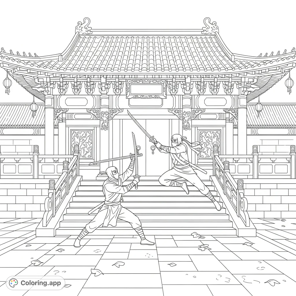 Witness an intense ninja sword duel set against the backdrop of a majestic ancient temple. Perfect for action enthusiasts and detailed coloring.