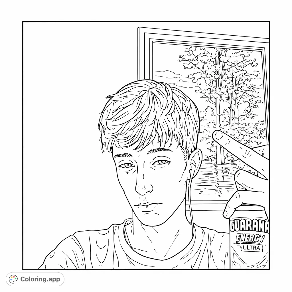 Color a detailed depiction of a young person holding a drink with a distinctive hand gesture, set against a wall and framed landscape art. A contemporary scene.