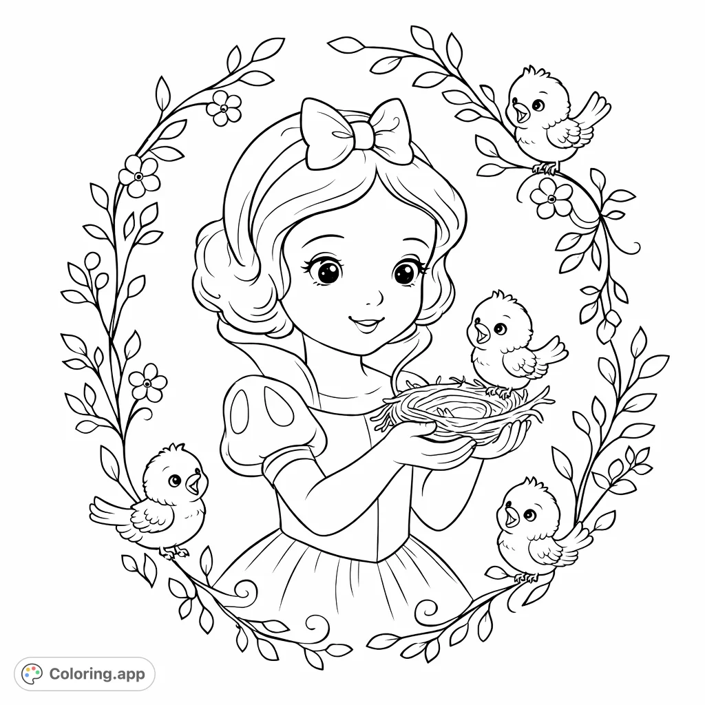 A delightful character holding a bird's nest, surrounded by cheerful birds and a lovely floral wreath. A charming scene for creative coloring fun!