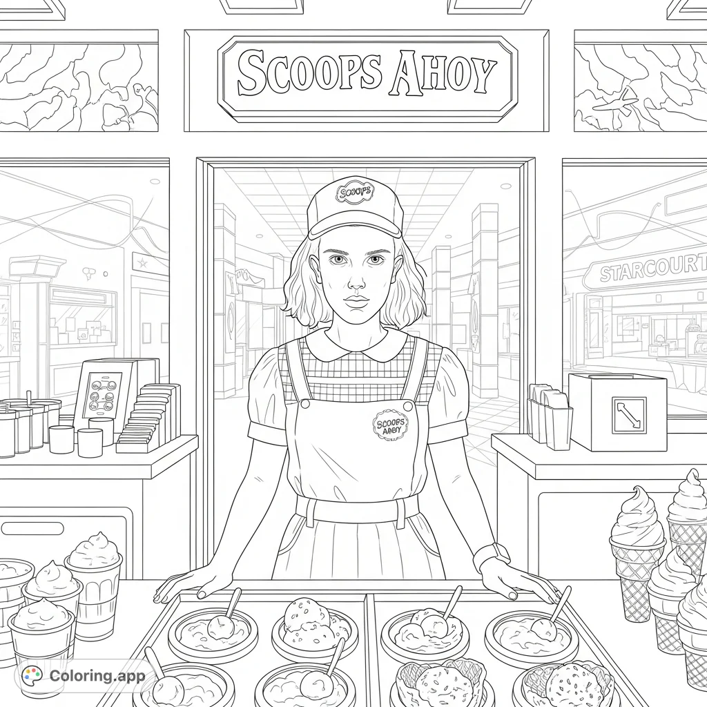 Dive into the 80s with this Stranger Things coloring page! Eleven sports her Scoops Ahoy uniform at Starcourt Mall, surrounded by ice cream.