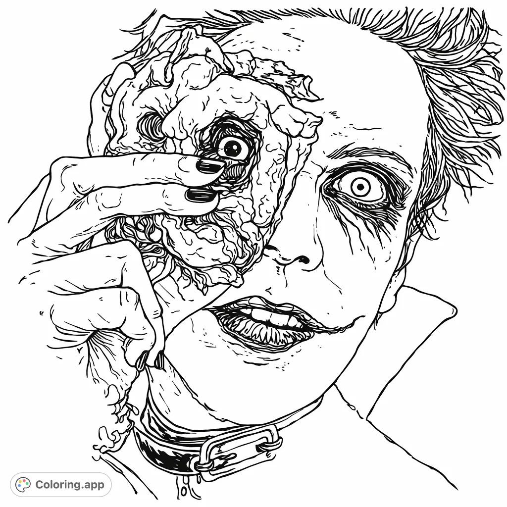 A striking portrait of a figure with dramatic, stylized makeup, holding a textured anatomical heart over one eye, against a brooding, indistinct background.