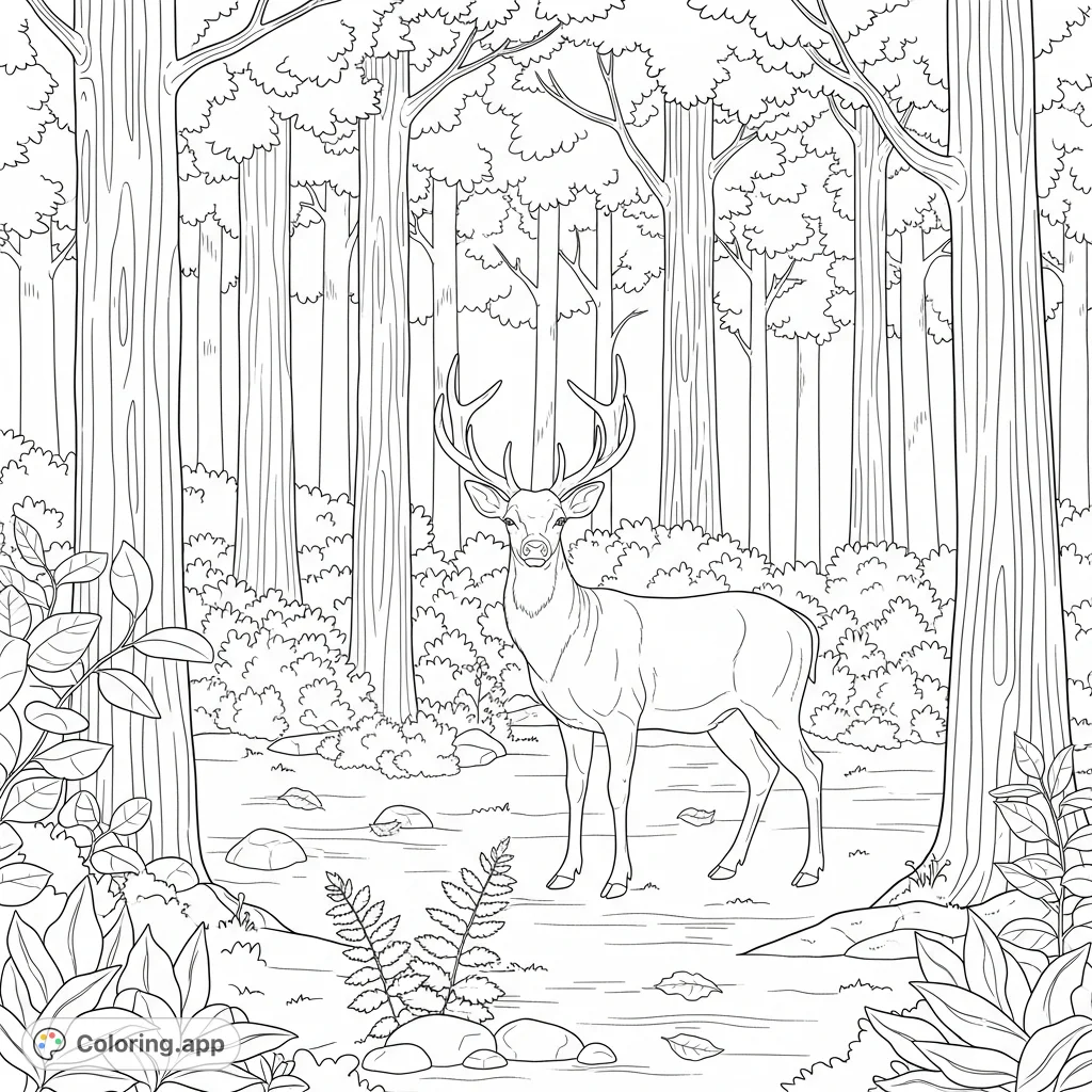 A tranquil forest scene featuring a graceful standing deer. Detailed foliage and dappled light create a serene atmosphere perfect for mindful coloring.