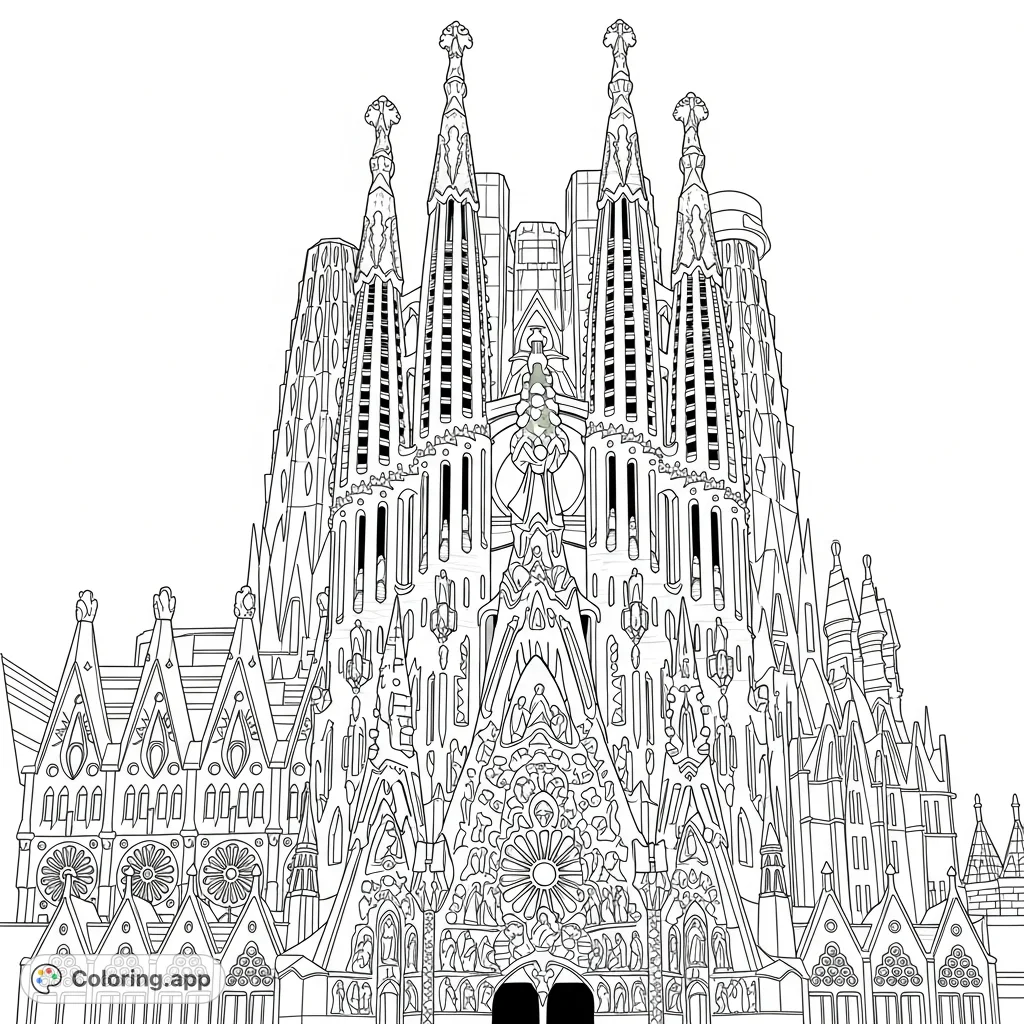 Explore the intricate architectural details of Gaudi's Sagrada Familia. A complex design with organic forms, spires, and sculptural elements awaits your artistic touch.
