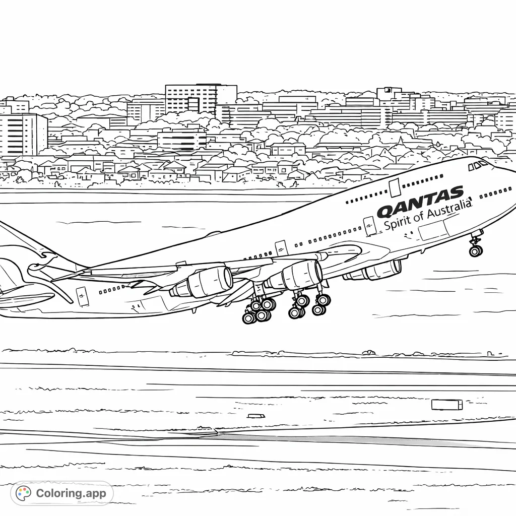 Color a powerful jumbo jet ascending from the runway, with its intricate landing gear visible, soaring over a vast bay and a distant cityscape.