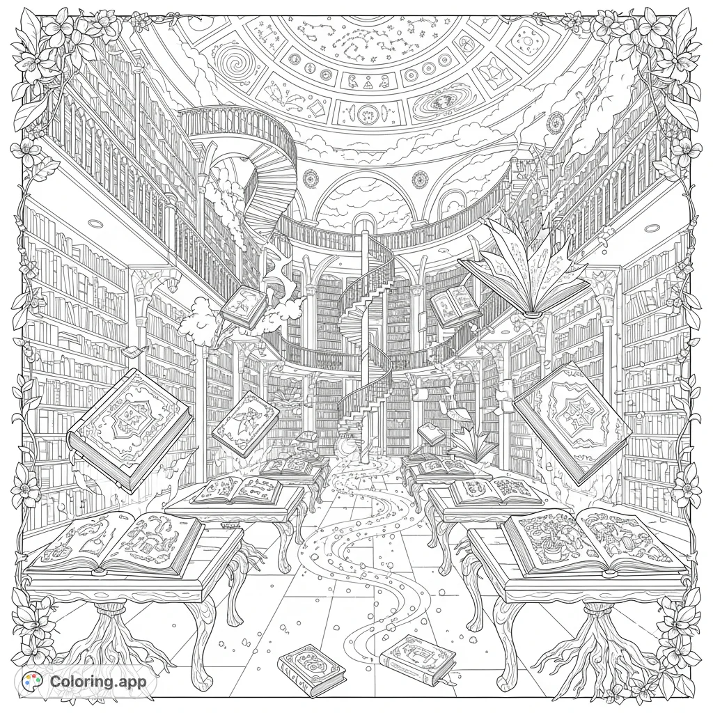Magical Library Coloring Enchanted Celestial Library Hall - Coloring.app