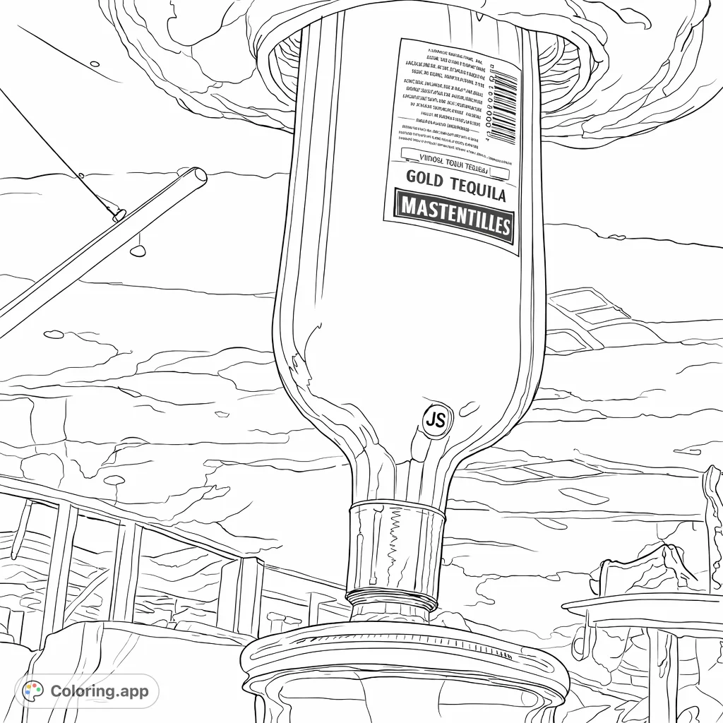 Color a unique display featuring a giant suspended bottle with a detailed label and dispensing mechanism, set against a whimsical painted ceiling. A fun challenge.