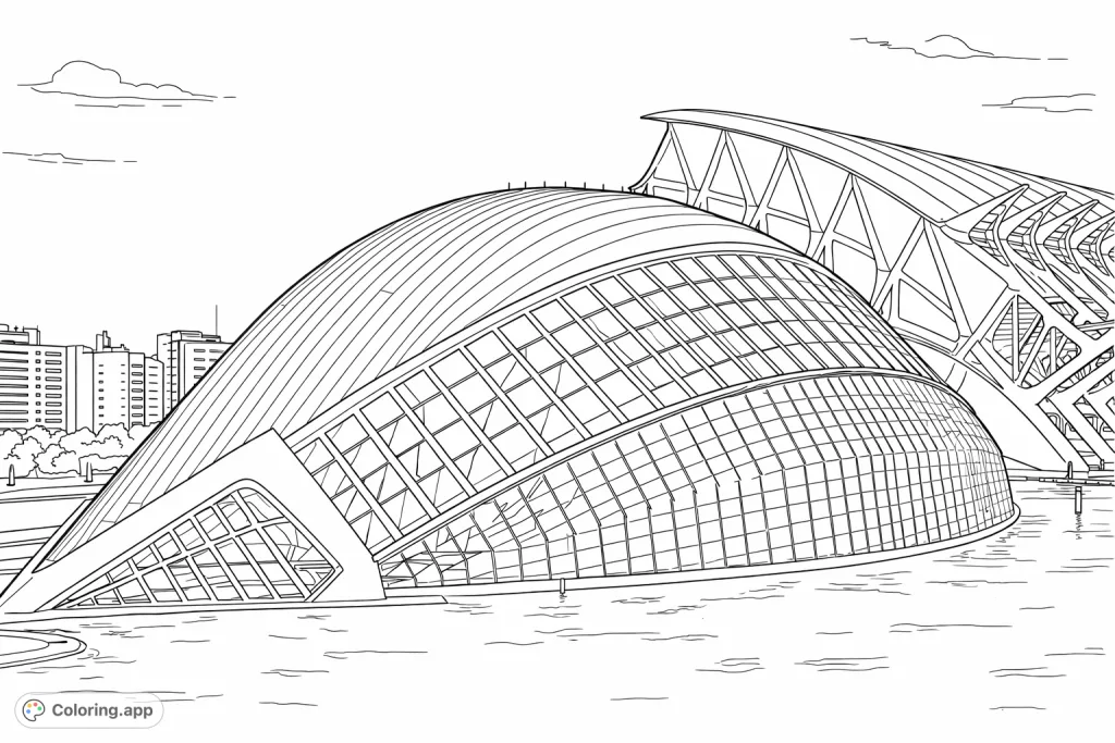 Explore a stunning futuristic cityscape with captivating architectural designs. This modern architecture coloring page features geometric structures, reflective water, and an urban backdrop.
