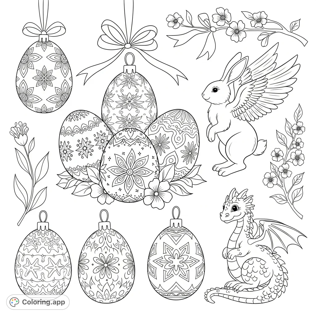 Discover a magical collection of fantasy Easter ornaments! Intricate eggs, whimsical winged bunnies, and tiny dragons await your creative touch in this enchanting coloring page.