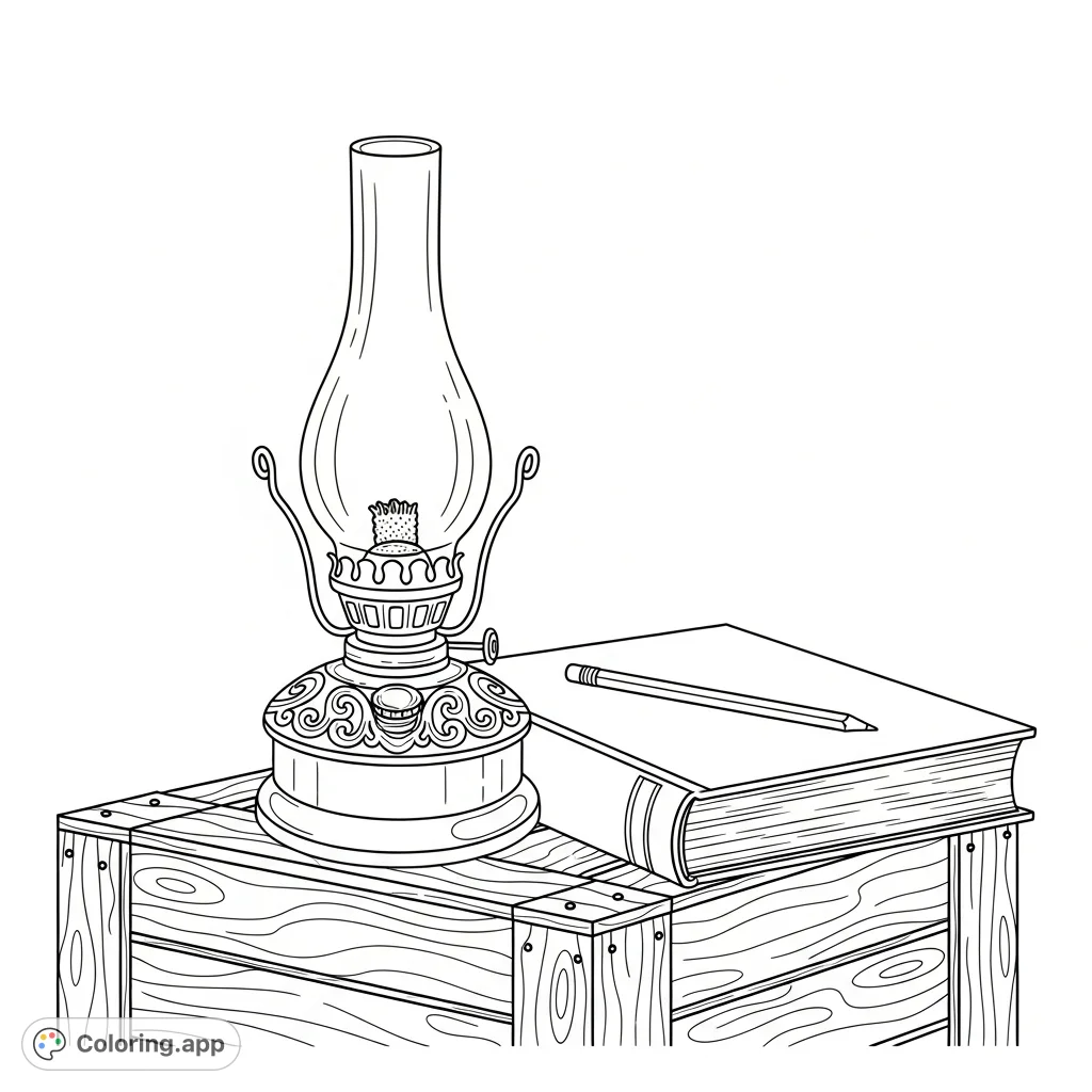 Discover a timeless still life featuring a detailed kerosene lamp, an open book, and a wooden crate. Perfect for quiet reflection and creative coloring.