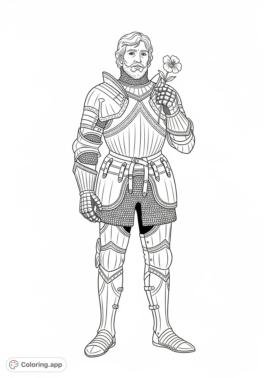 Discover a noble knight in detailed armor, holding a delicate flower. A full-length, centrally framed composition invites creativity, perfect for all ages.