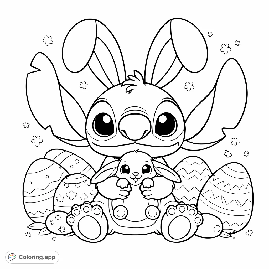 Stitch in bunny ears cuddles a plush bunny, surrounded by decorative eggs. A delightful scene for springtime coloring fun!