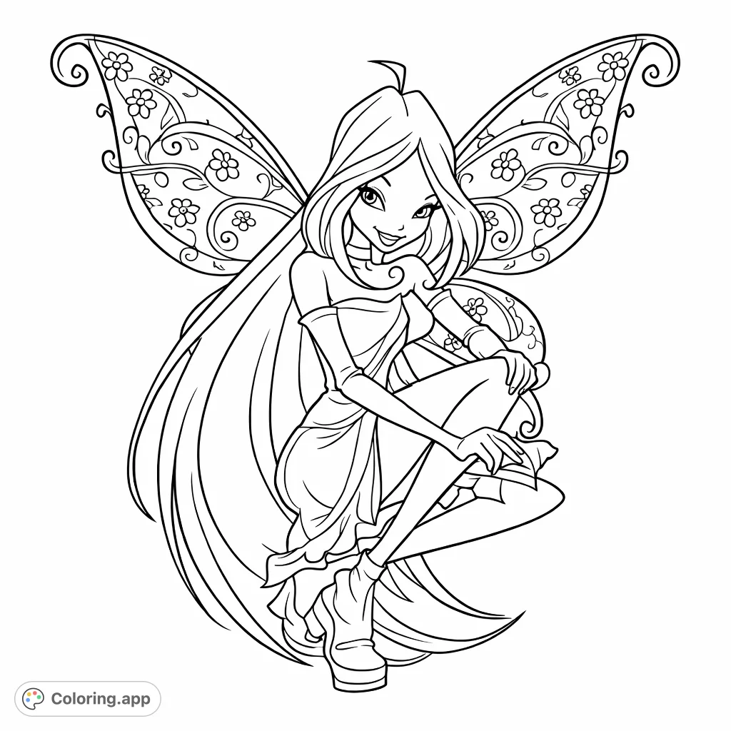 A charming fairy character with flowing hair and elaborate, flower-patterned wings. Perfect for magical coloring adventures and fantasy enthusiasts.