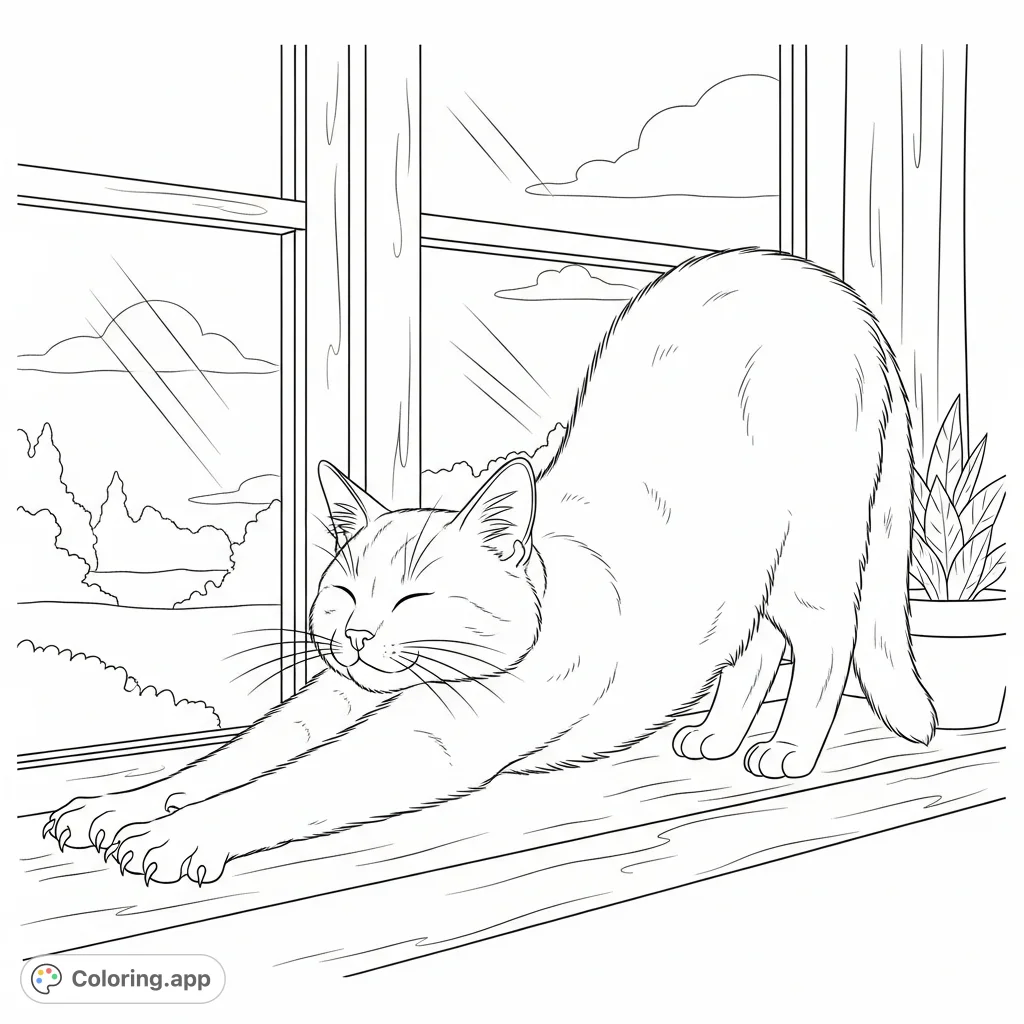 A peaceful coloring page featuring a sleepy cat stretching elegantly on a textured windowsill, with a serene outdoor view visible through the window.