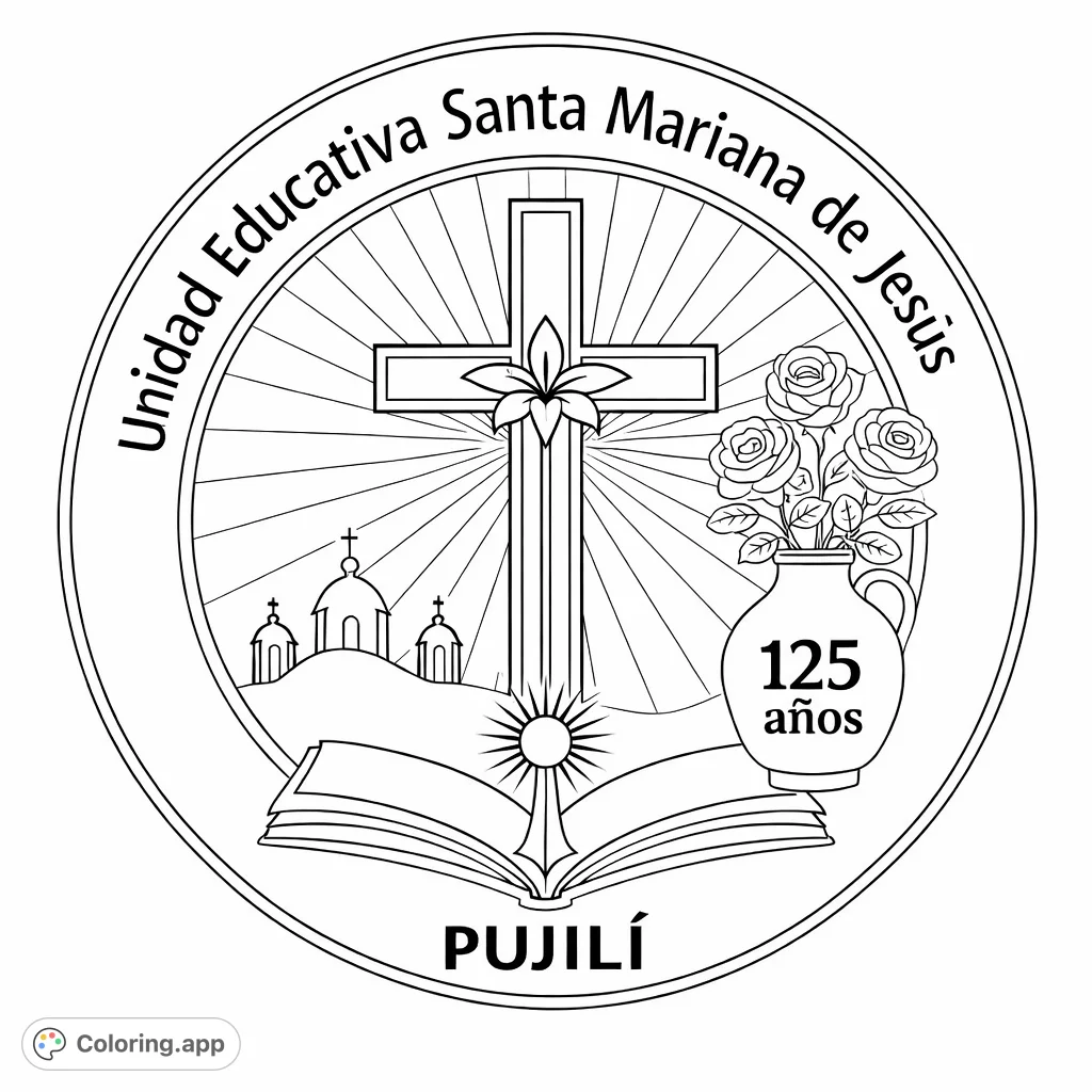 A detailed educational emblem coloring page featuring a cross, church silhouette, open book with monstrance, and a vase of roses, encircled by text.