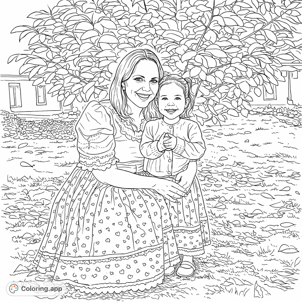 Capture a joyful moment with an adult and child in folk attire, surrounded by nature. A charming scene for all ages to color, celebrating family and tradition.