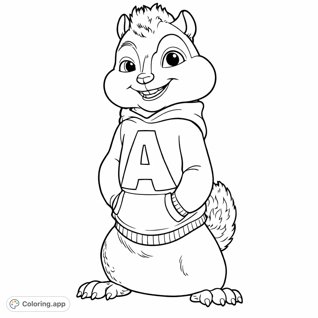 A delightful chipmunk character standing tall, wearing a hoodie with an 'A'. Perfect for kids to color and bring to life with vibrant shades!