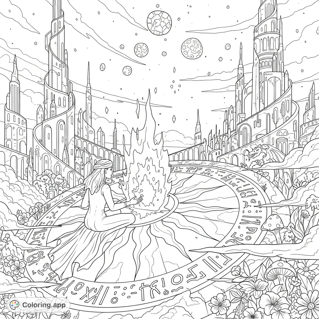 Explore a fantastical scene: an enigmatic woman on a broken sundial in a city of impossible architecture, gazing at a radiant portal and fragmented planets.