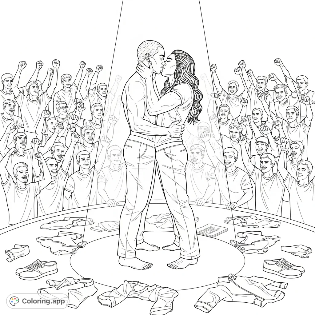 Two muscular men, one African American and one Hispanic/Indigenous, share a passionate kiss on stage amidst scattered clothes and a cheering male crowd.