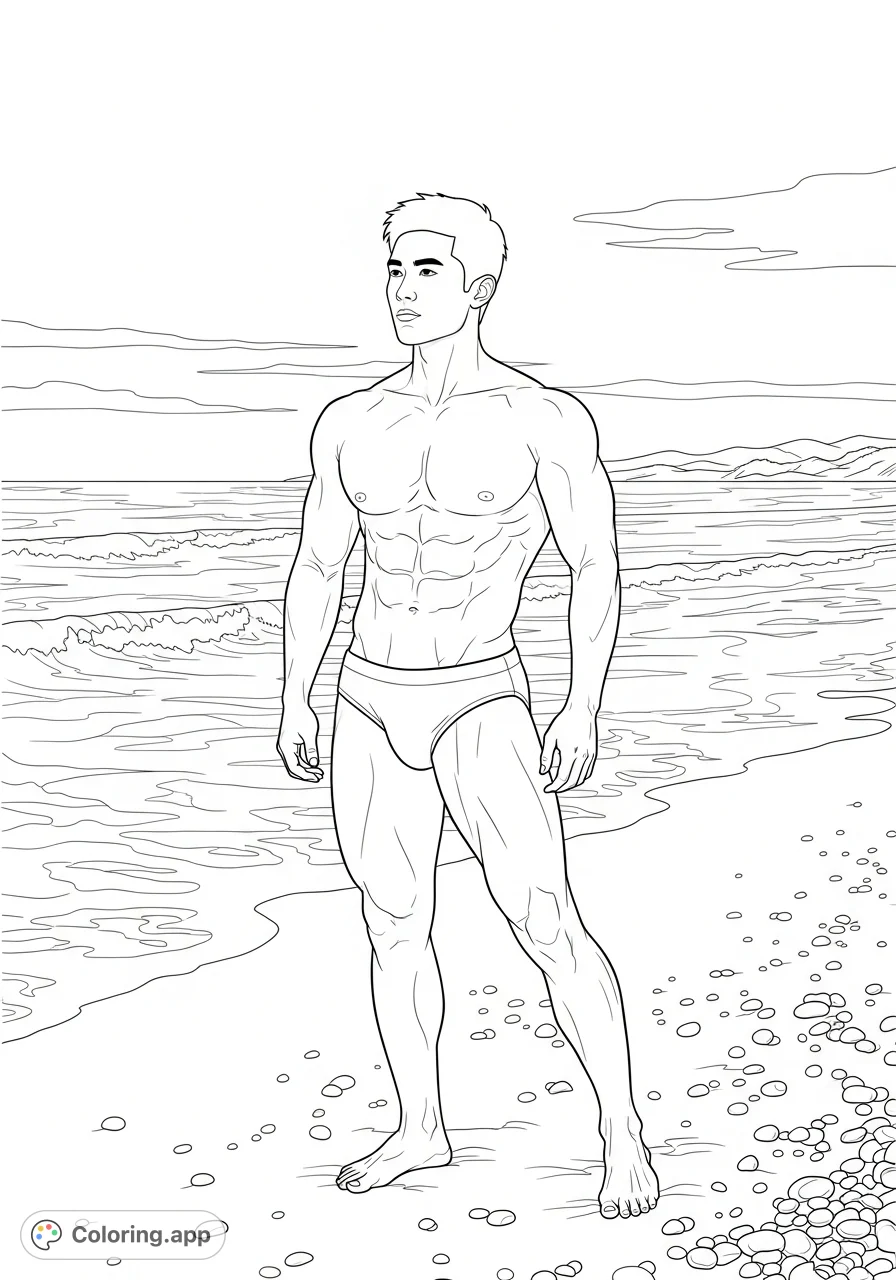 A captivating muscular man coloring page featuring an athletic man in speedos on a detailed beach. Perfect for adults exploring form and natural scenes.