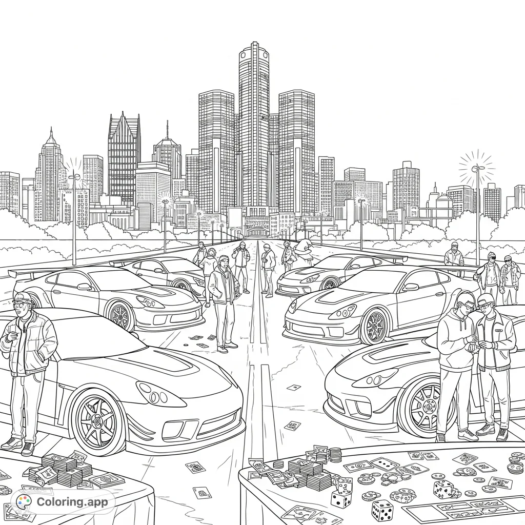 Experience the pulse of a Detroit street race night: powerful cars, neon-lit skyline, and the thrilling, shadowy world of illicit gambling and urban nightlife. A dynamic scene for adults.