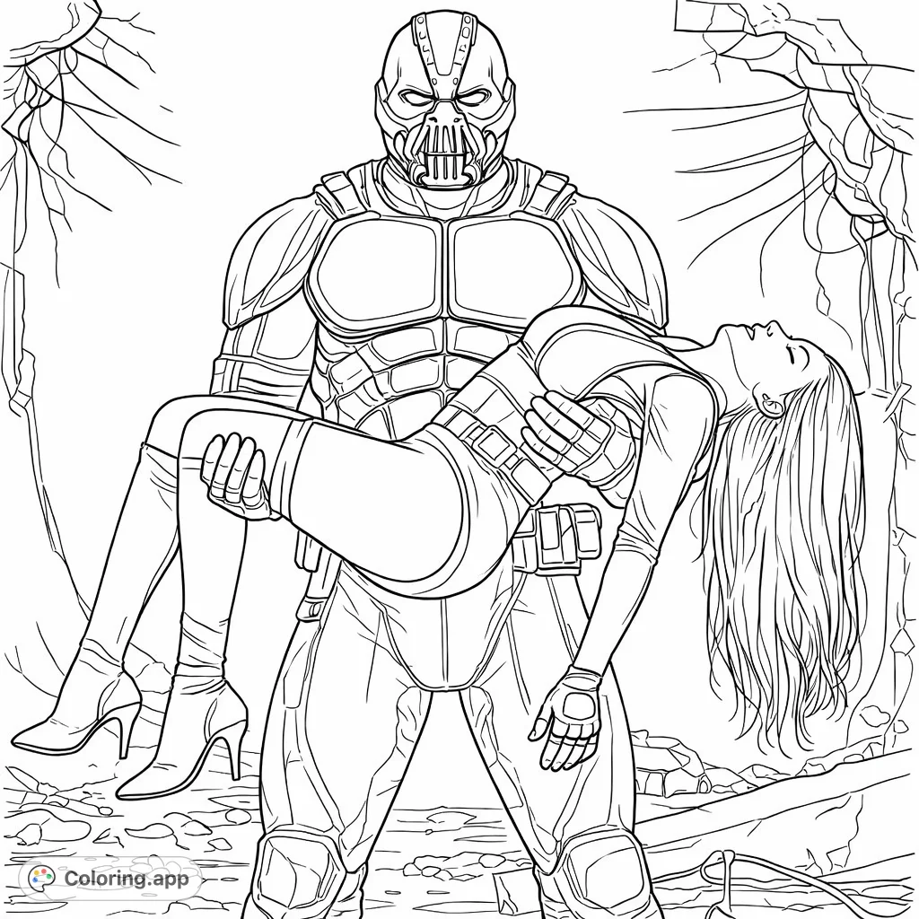 A powerful armored figure carries an unconscious woman through a ruined landscape. This dramatic scene offers a challenging and engaging coloring experience.