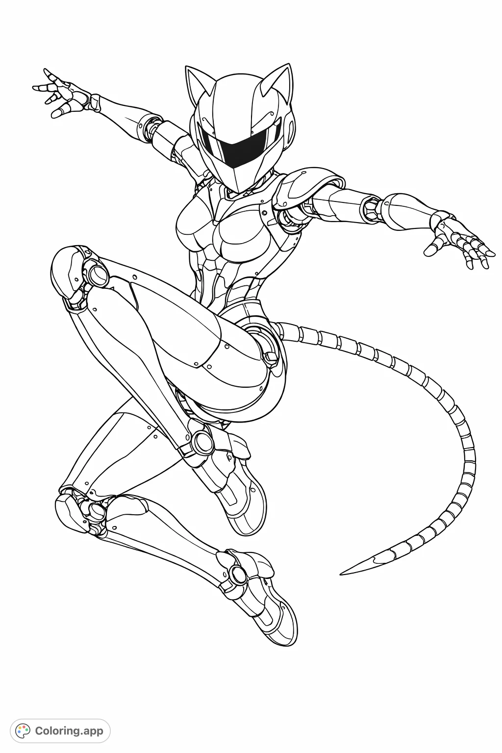 A dynamic robotic feline warrior in a powerful mid-air pose, featuring sleek armor and intricate details. Perfect for sci-fi and action enthusiasts to color.