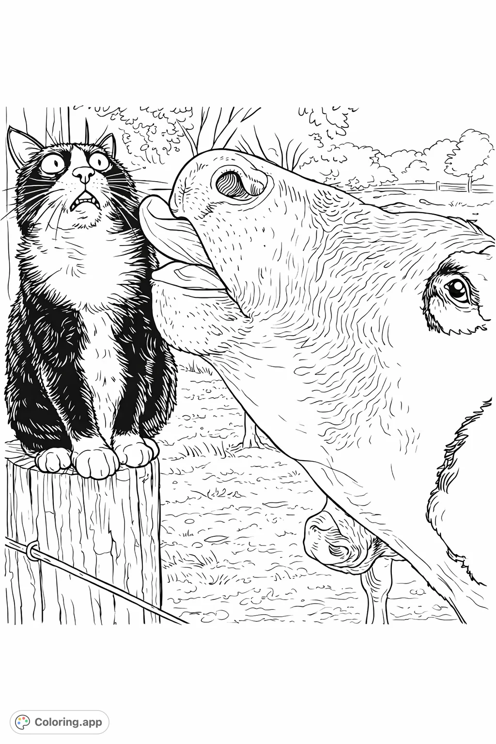 A charming farm scene where a curious cow playfully licks a surprised cat perched on a fence post. Perfect for animal lovers and a whimsical moment.