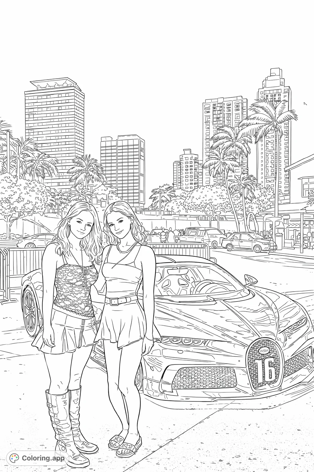 Two friends pose with a sleek sports car against a vibrant city night backdrop, surrounded by tall buildings and urban lights. A modern scene.