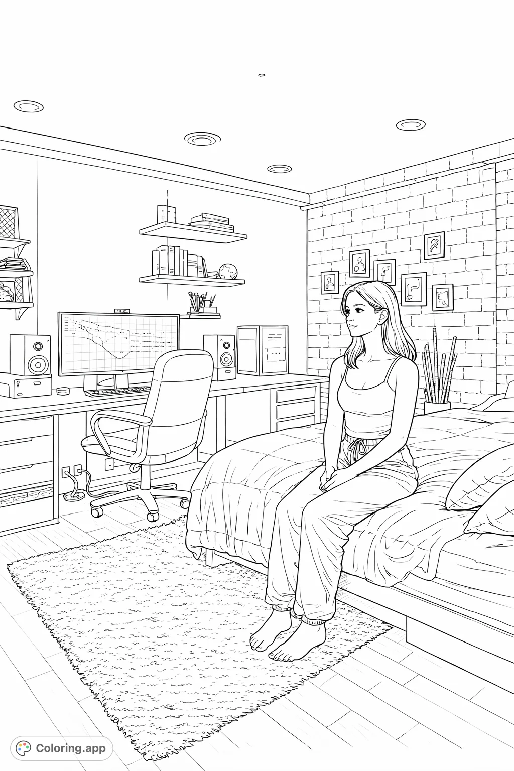 Relax in a modern gamer's room with a young woman on the bed, surrounded by tech, shelves, and framed art. Perfect for a cozy coloring escape.