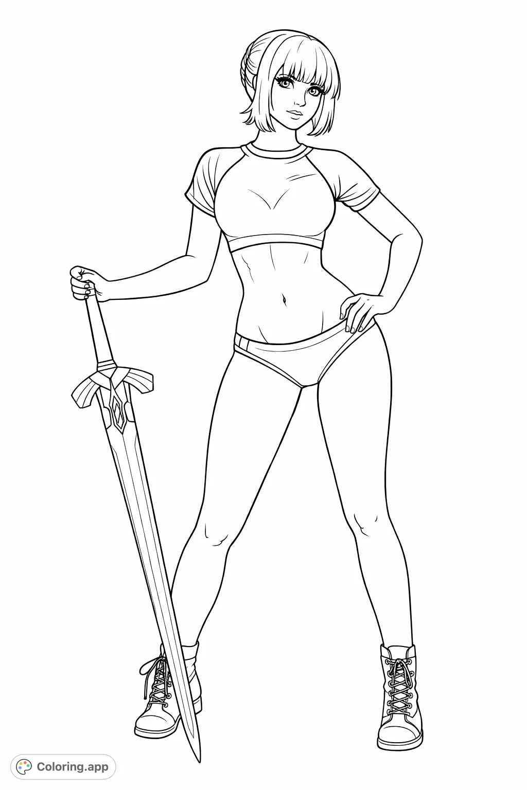 A dynamic figure holding a stylized sword, dressed in a sporty crop top and briefs. This modern warrior pose offers an engaging fantasy-themed coloring experience.