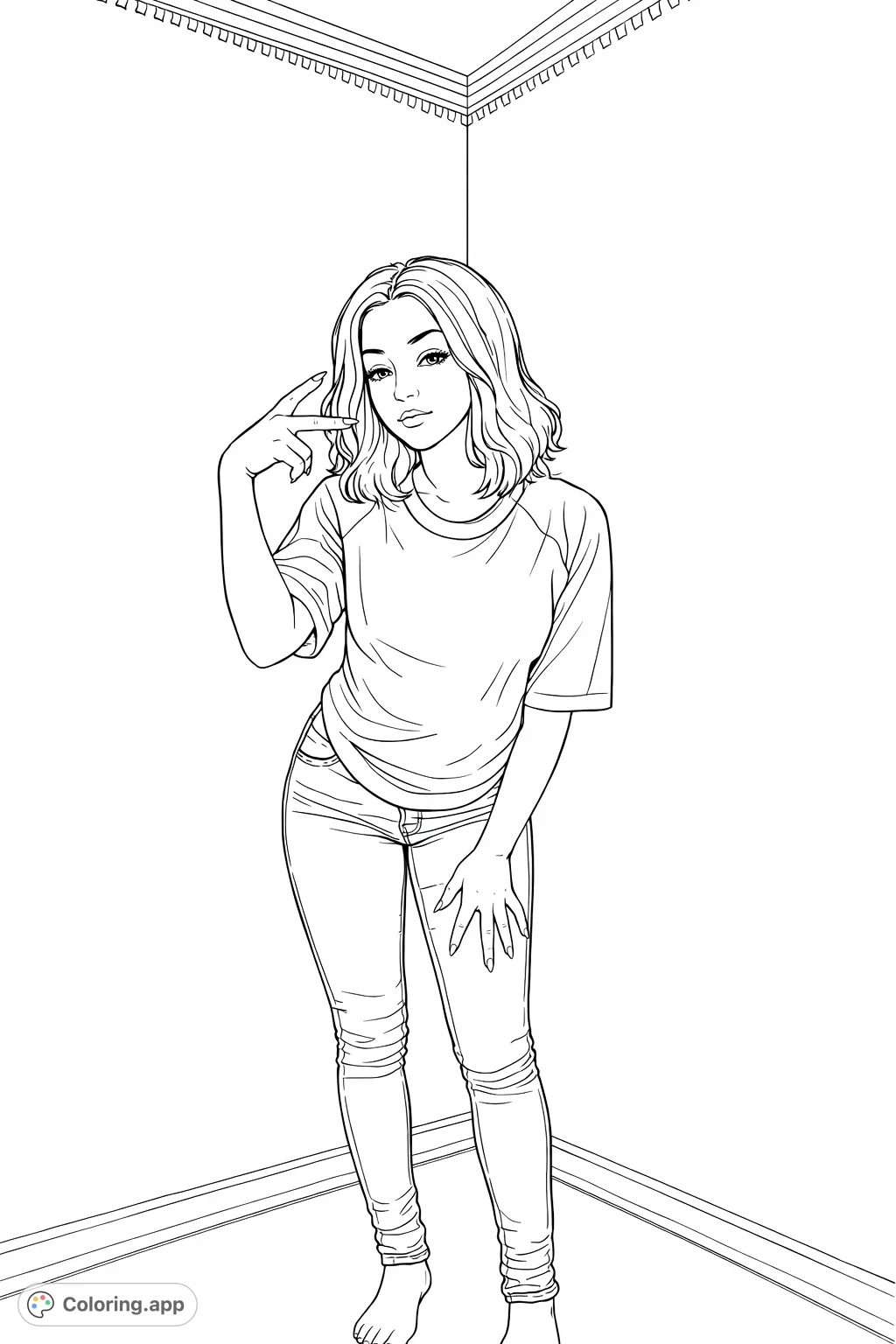 A stylish young woman strikes a pose, making a hand gesture, in a modern setting. Perfect for teens and adults to explore fashion and expression.