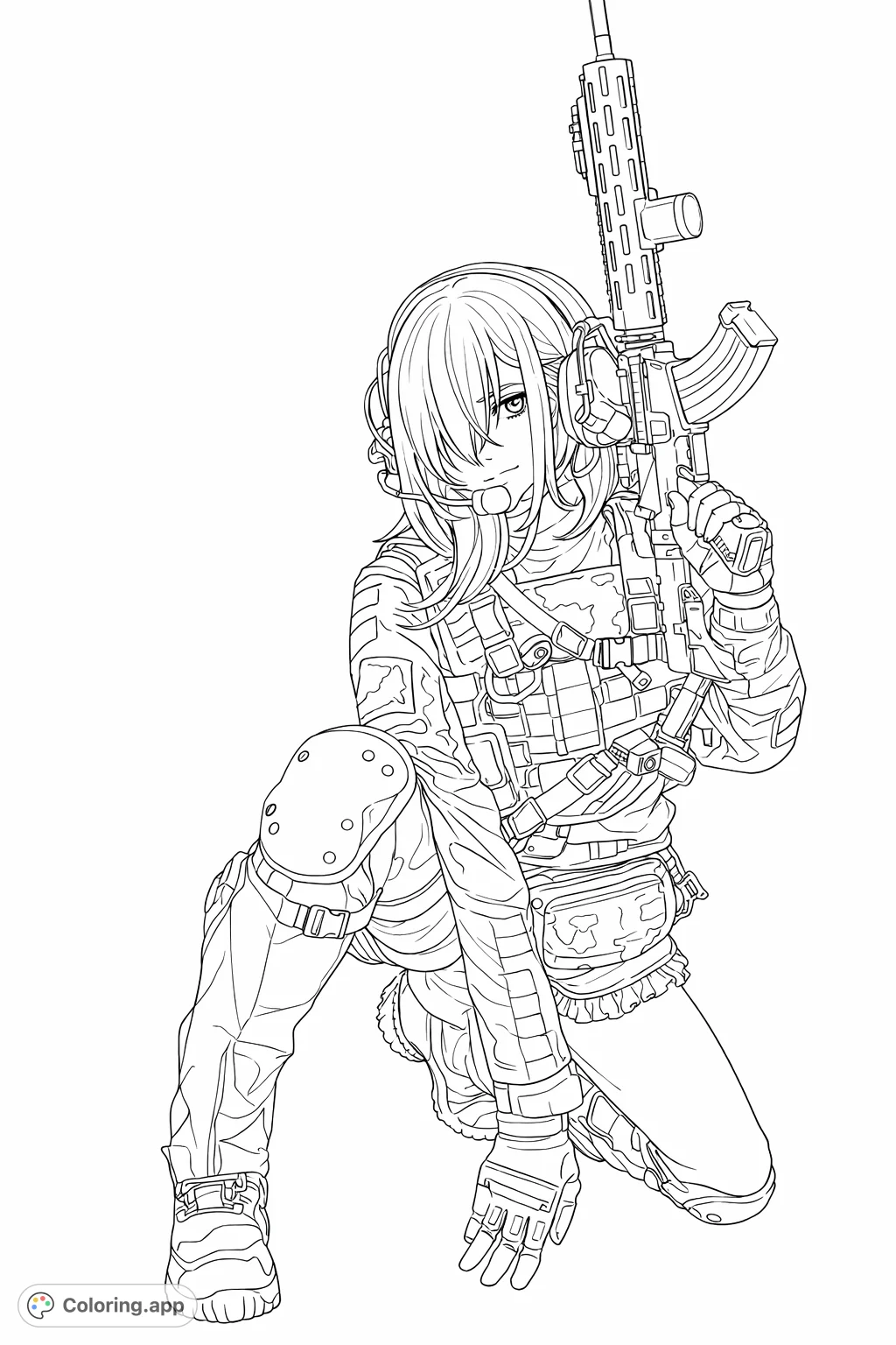 A dynamic tactical operative coloring page, featuring a detailed character in a crouching pose with an assault rifle and combat gear, perfect for enthusiasts.