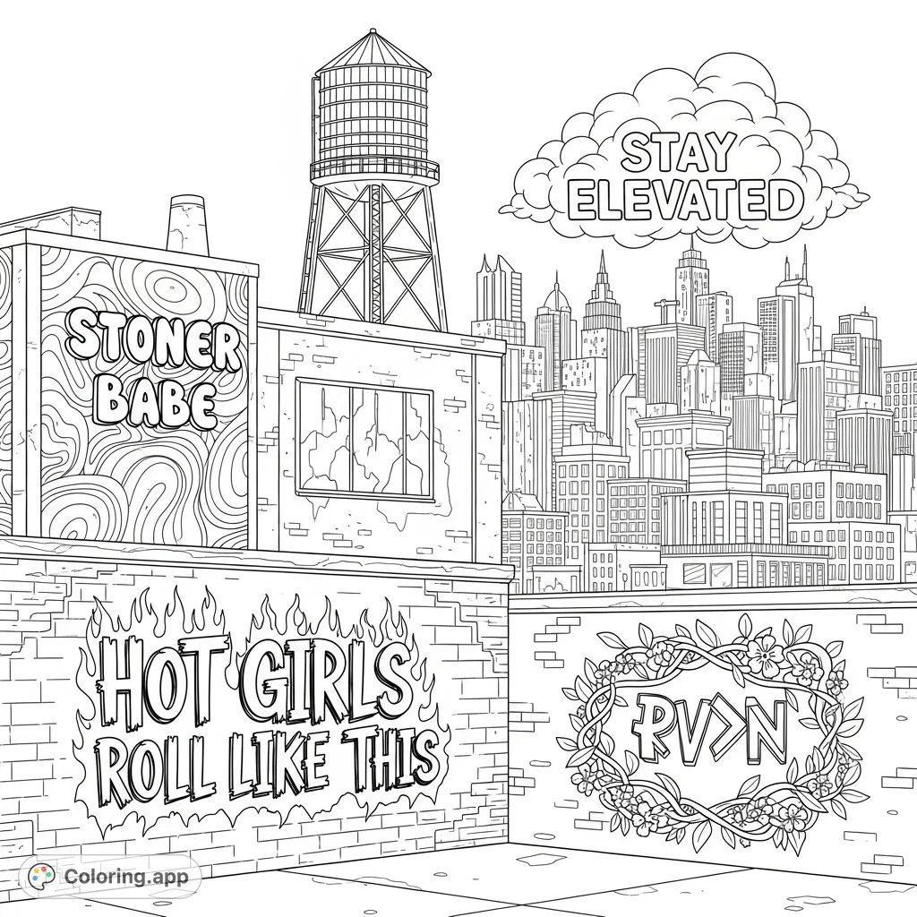 Explore an expansive urban panorama featuring detailed street art installations, bold typography, intricate patterns, and a bustling city skyline.