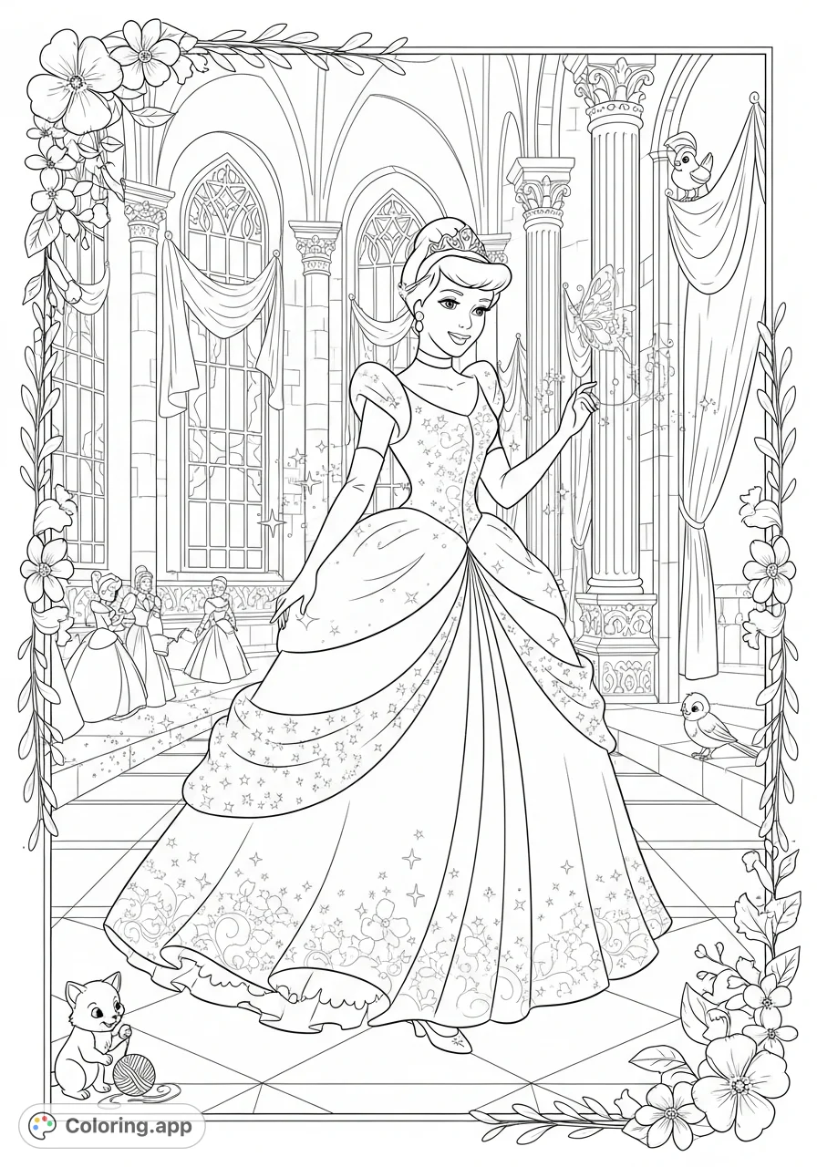 Step into a fairy tale with this enchanting Cinderella coloring page! Featuring her sparkling gown and a majestic castle ballroom, it's pure magic.