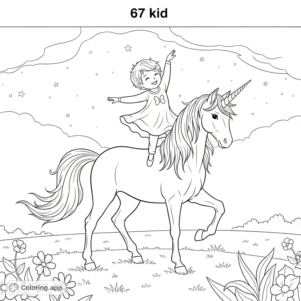 A whimsical scene featuring "67 kid" joyfully dancing atop a majestic unicorn in a magical field. Perfect for sparking imagination and creative fun!