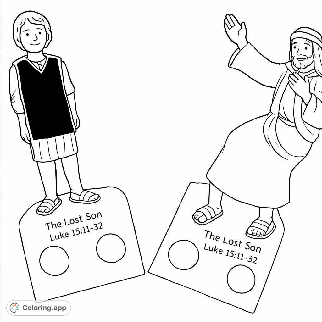 Color two paper cutout figures from 'The Lost Son' parable, perfect for interactive storytelling and learning, featuring the young son and the father.