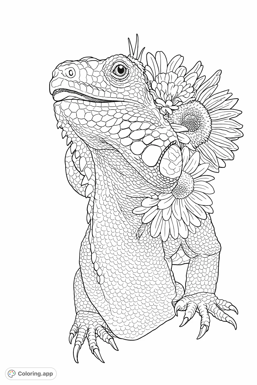 An intricate iguana with a vibrant floral arrangement on its head and back, featuring detailed scales and striking blossoms. Perfect for nature enthusiasts!
