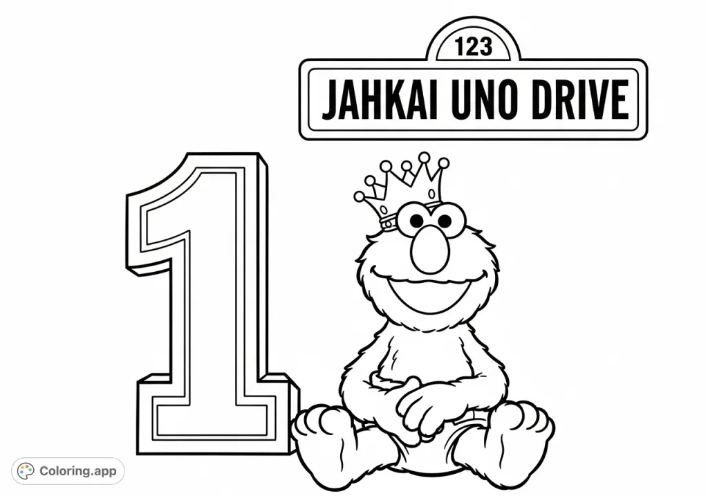 Celebrate a special milestone with this Elmo coloring page featuring Elmo in a crown, a bold numeral "1", and a personalized "JAHKAI UNO DRIVE" sign!