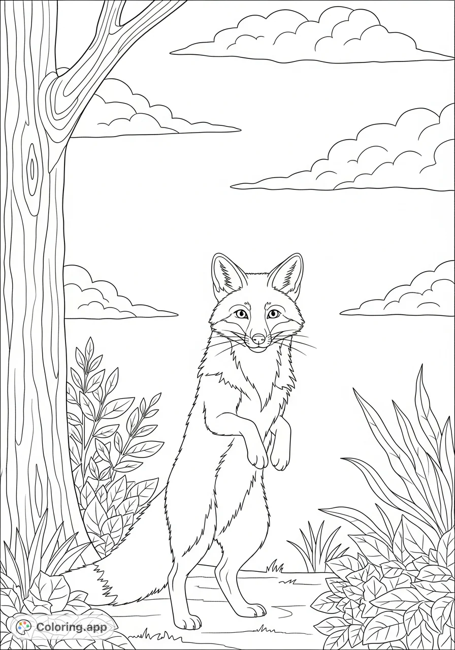 A charming Rubber Hose fox stands on its hind legs amidst a whimsical landscape, surrounded by plants and a tree, under a cloudy sky. Perfect for imaginative coloring.