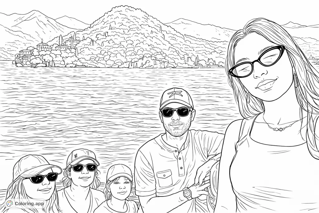 A delightful family boat ride on a scenic lake, featuring distant mountains and charming shoreline architecture. Perfect for a relaxing coloring experience.