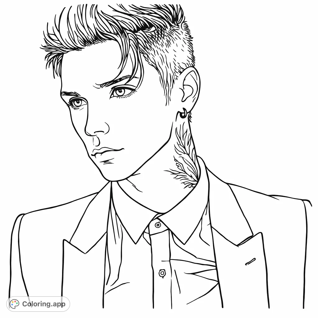 Color a compelling portrait featuring a person with a distinctive hairstyle, sharp features, and an intricate neck tattoo. Express personal style with this modern design.