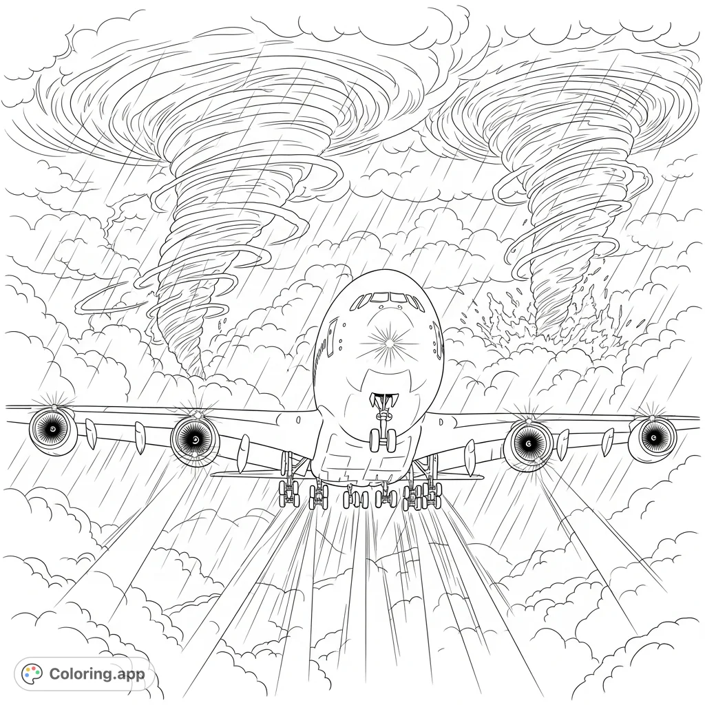 Experience the intense drama of an Airbus A380 descending amidst a powerful storm with a visible tornado and flashing emergency lights.