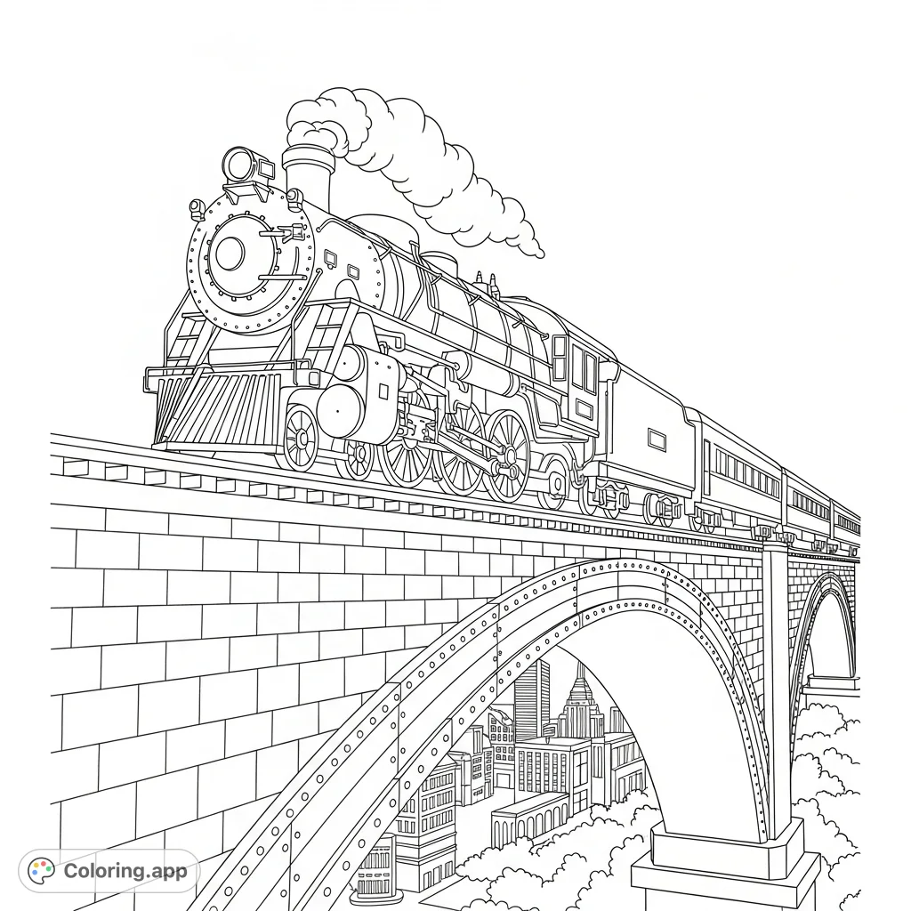 A detailed steam engine train crosses a grand city bridge, set against a bustling urban skyline. Perfect for a captivating steam engine train coloring page adventure.