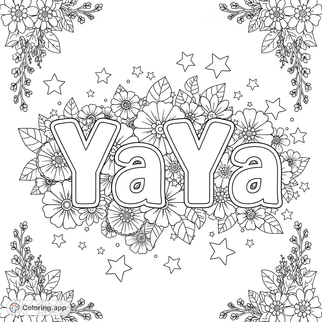 Color this delightful "YaYa" coloring page featuring whimsical block letters, blooming flowers, and scattered stars. A personalized and playful design!
