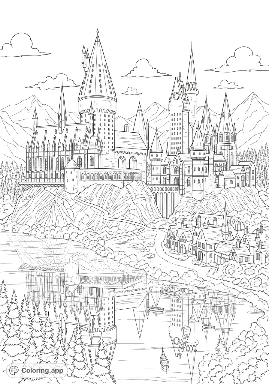A magnificent Hogwarts Castle coloring page, featuring intricate architectural details, the Great Lake, dense forests, and towering mountains for an epic scene.