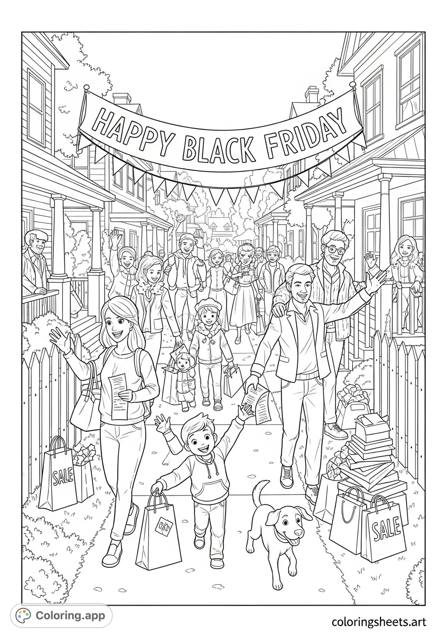 A cheerful Black Friday neighborhood scene: families return from shopping, kids with bags, parents comparing savings, and a festive banner. A delightful free printable coloring page.