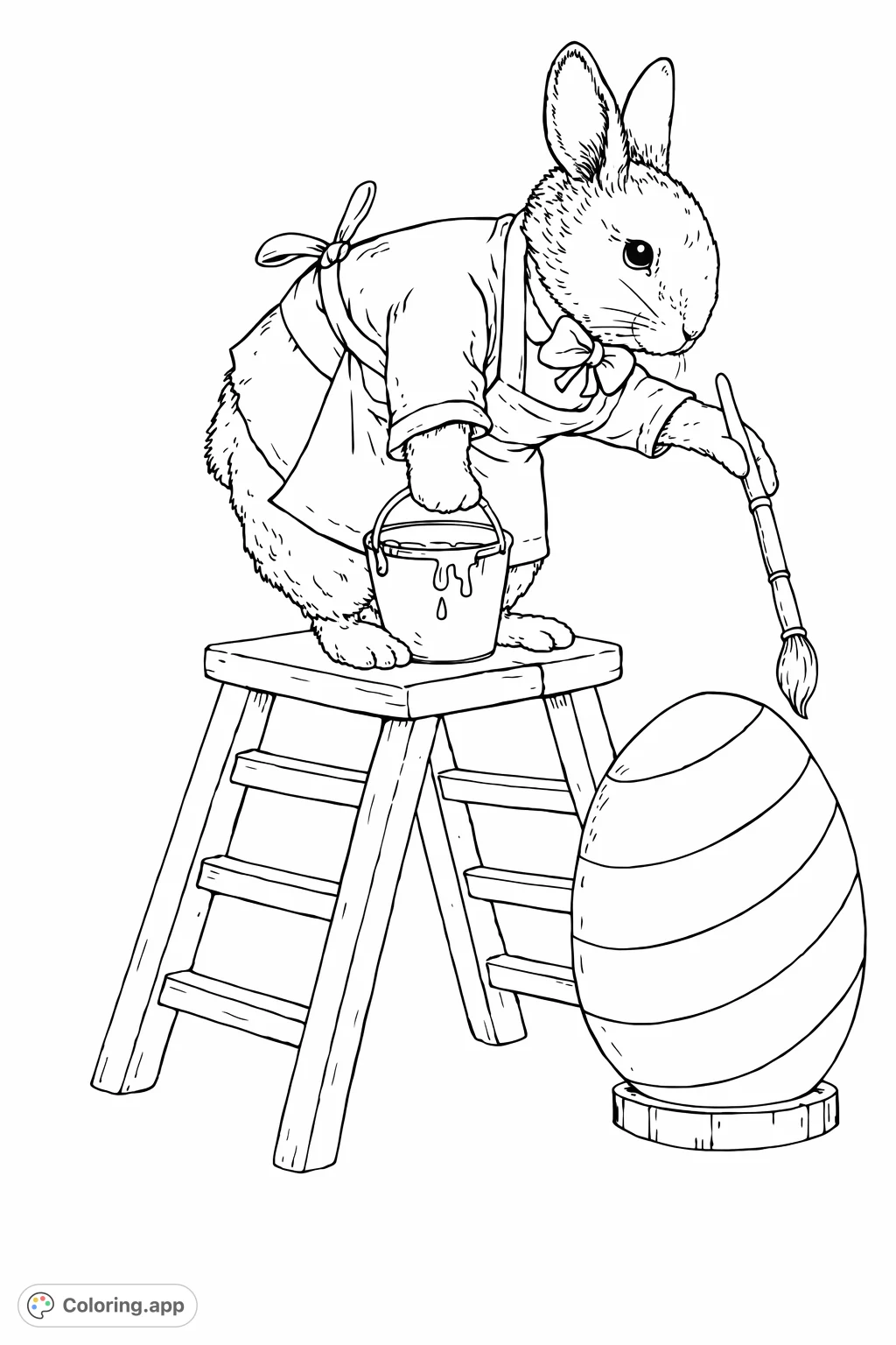 A charming bunny, dressed in an apron and bow tie, diligently paints stripes on a large Easter egg while standing on a small stool. A festive spring scene.