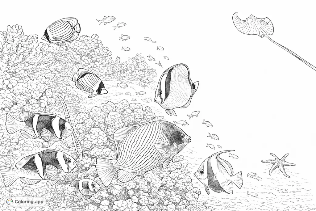 Dive into an amazing coral reef ecosystem featuring diverse fish and intricate coral. Perfect for nature lovers to explore patterns and details.