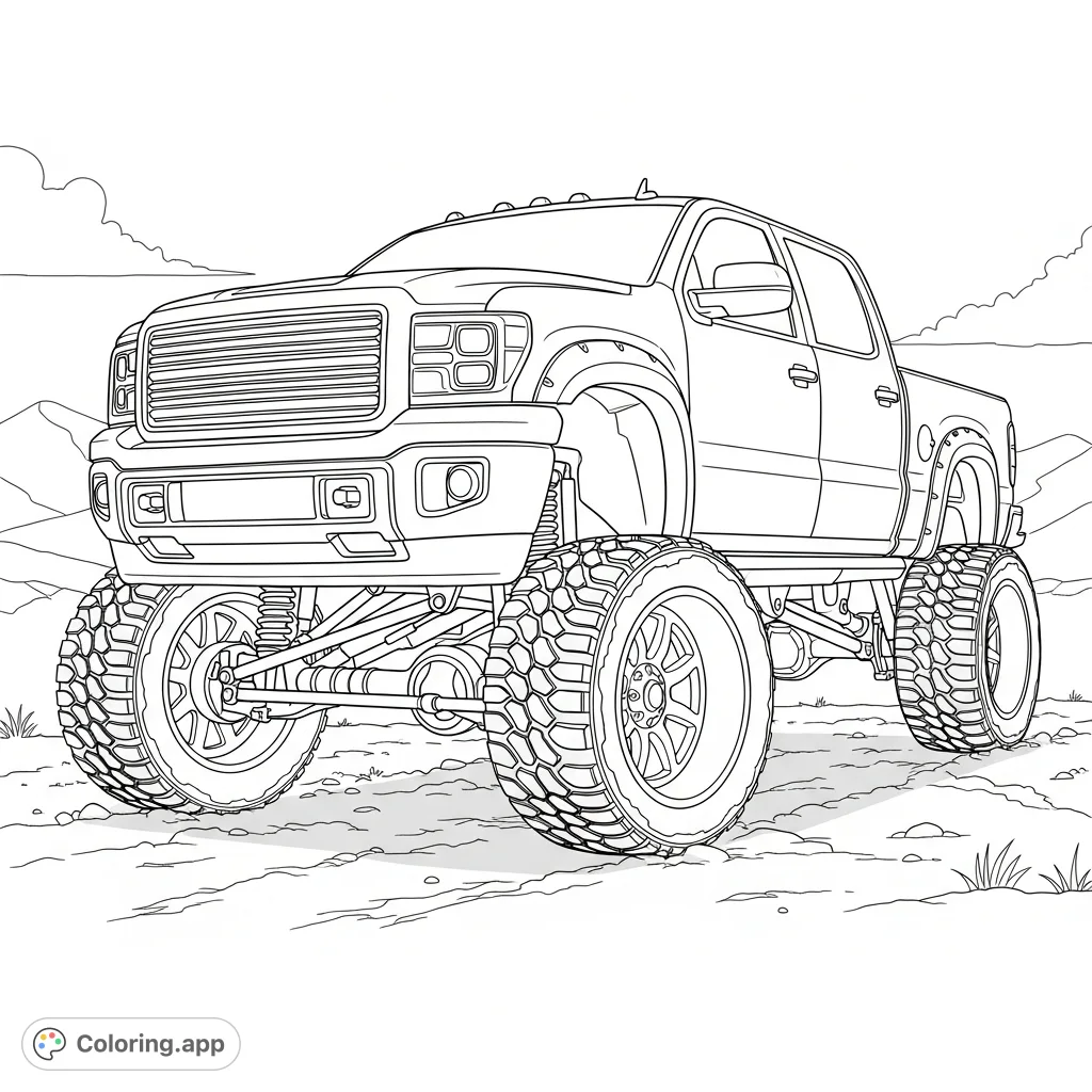 Experience the thrill of off-road power with this detailed lifted truck coloring page. Massive wide wheels and robust suspension await your creative touch!