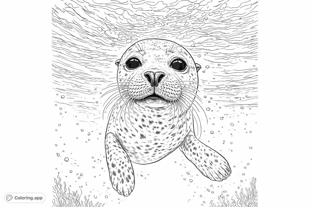 Dive into the depths with this friendly spotted seal coloring page. Features intricate details of the seal's fur and the surrounding water.